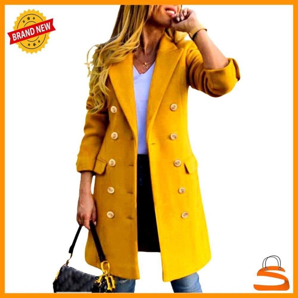 Wool Peacoat Double Breasted Midi Trench Coat Classic Vintage Slim Fit Warm